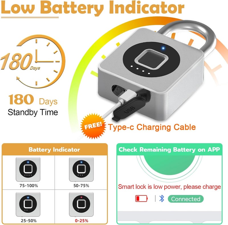 Pothunder Fingerprint Padlock with APP, Keyless Biometric Lock, Smart Waterproof Padlock Suitable for Gym, Locker, Gates, Fence and Storage - Image 5